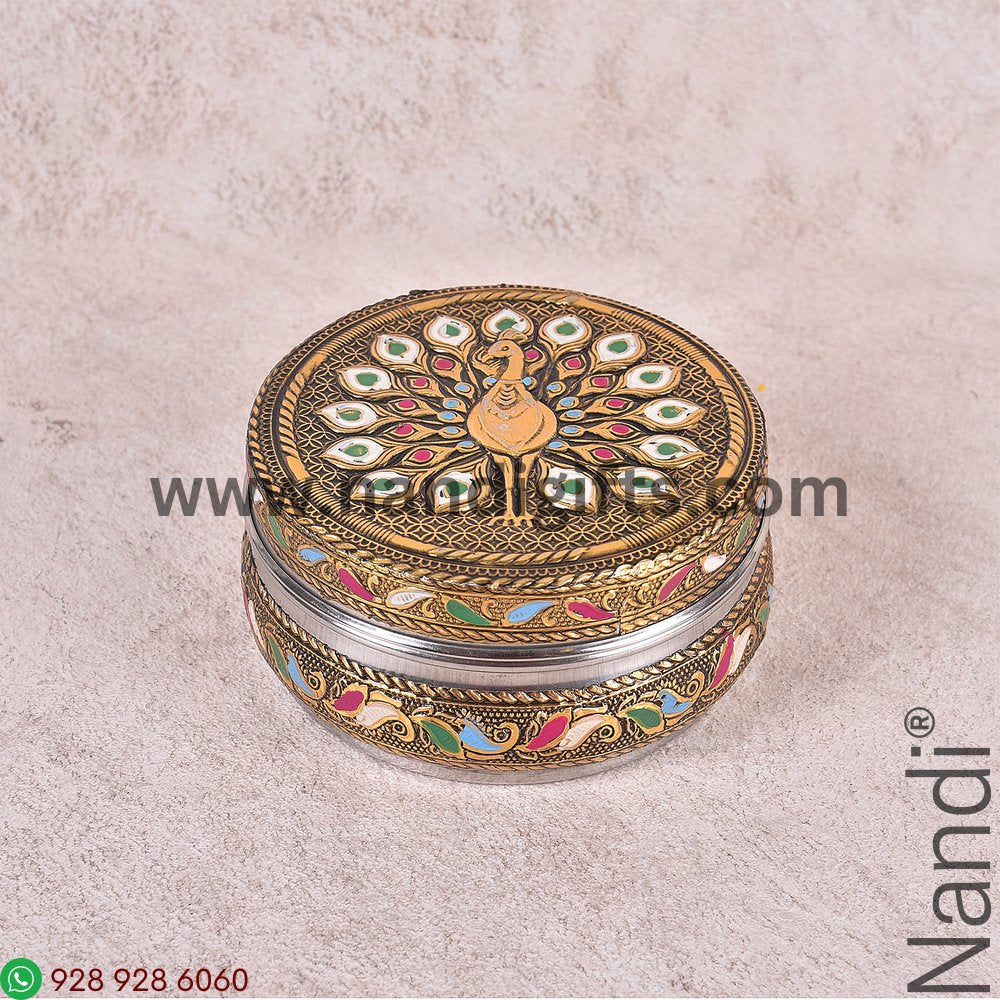 Golden Antiq Meenakari Box Peacock