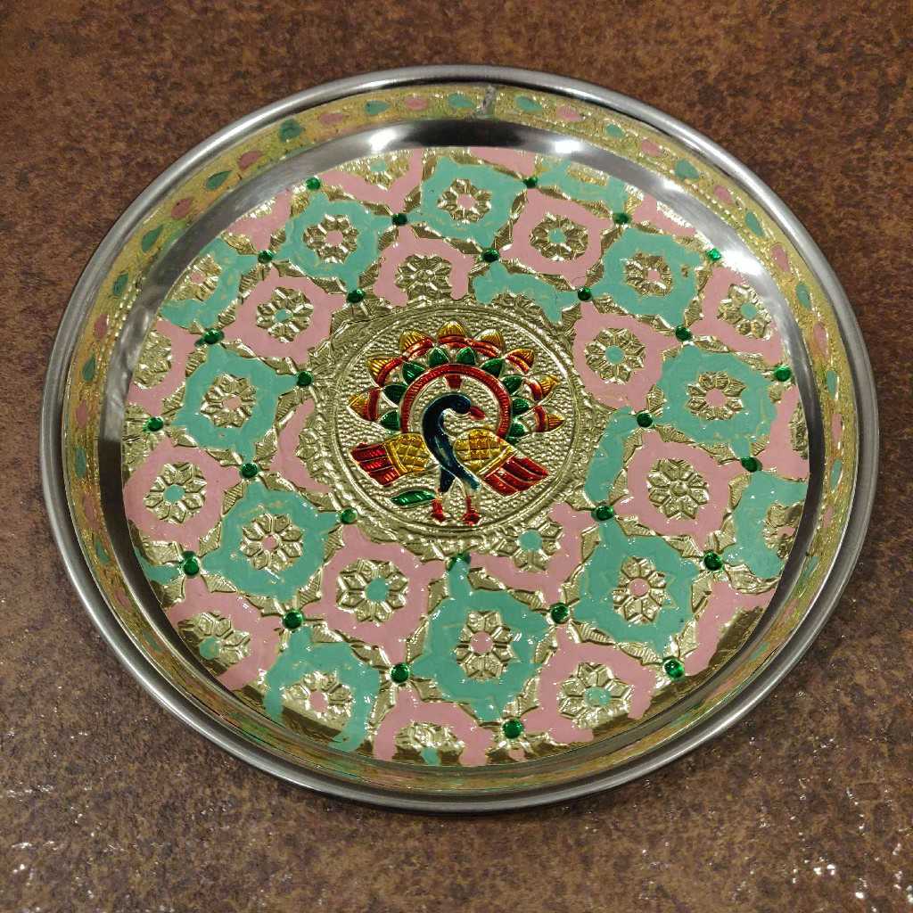 Minakari Plate Pastel Pink-Green 7Inch
