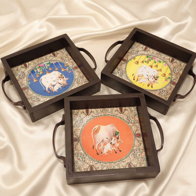 Tanjore-Pichwai Prints Wooden Trays 6x6