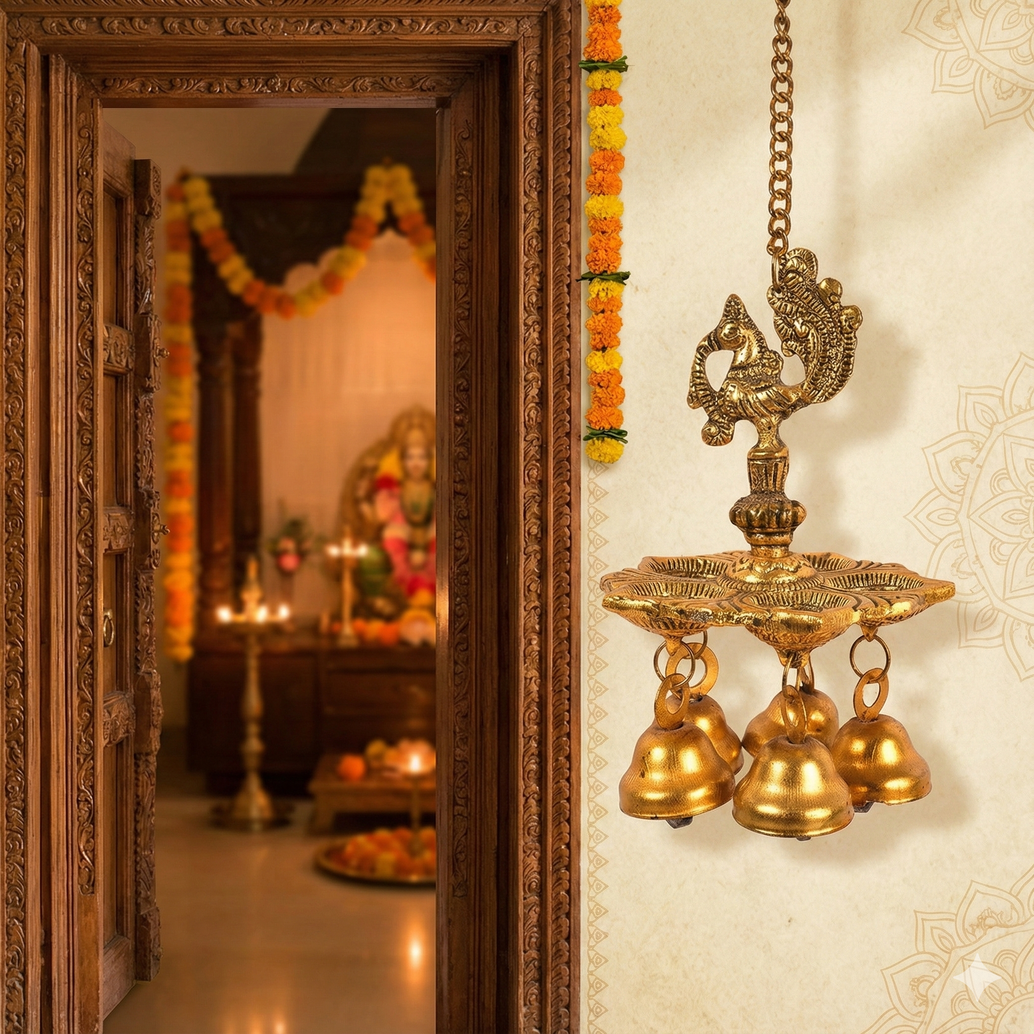 Peacock Hanging Diya Golden Antiq