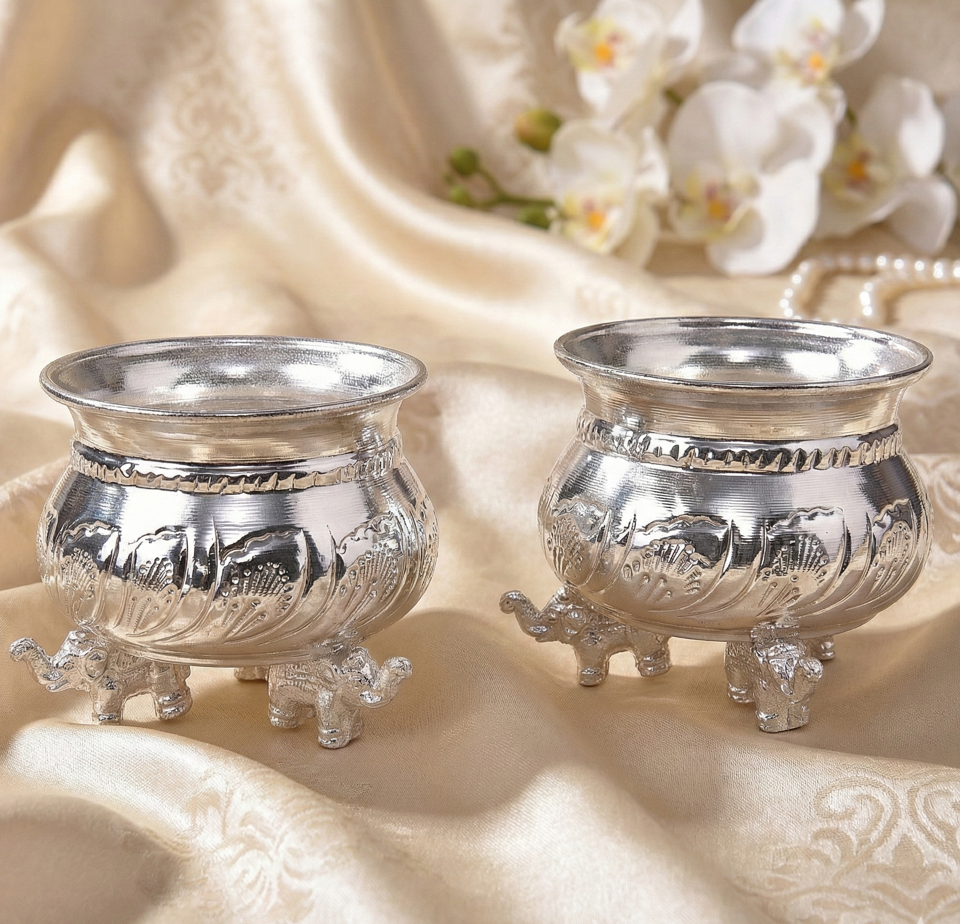 German Silver Kumkum Bowls Pair Elephant Base