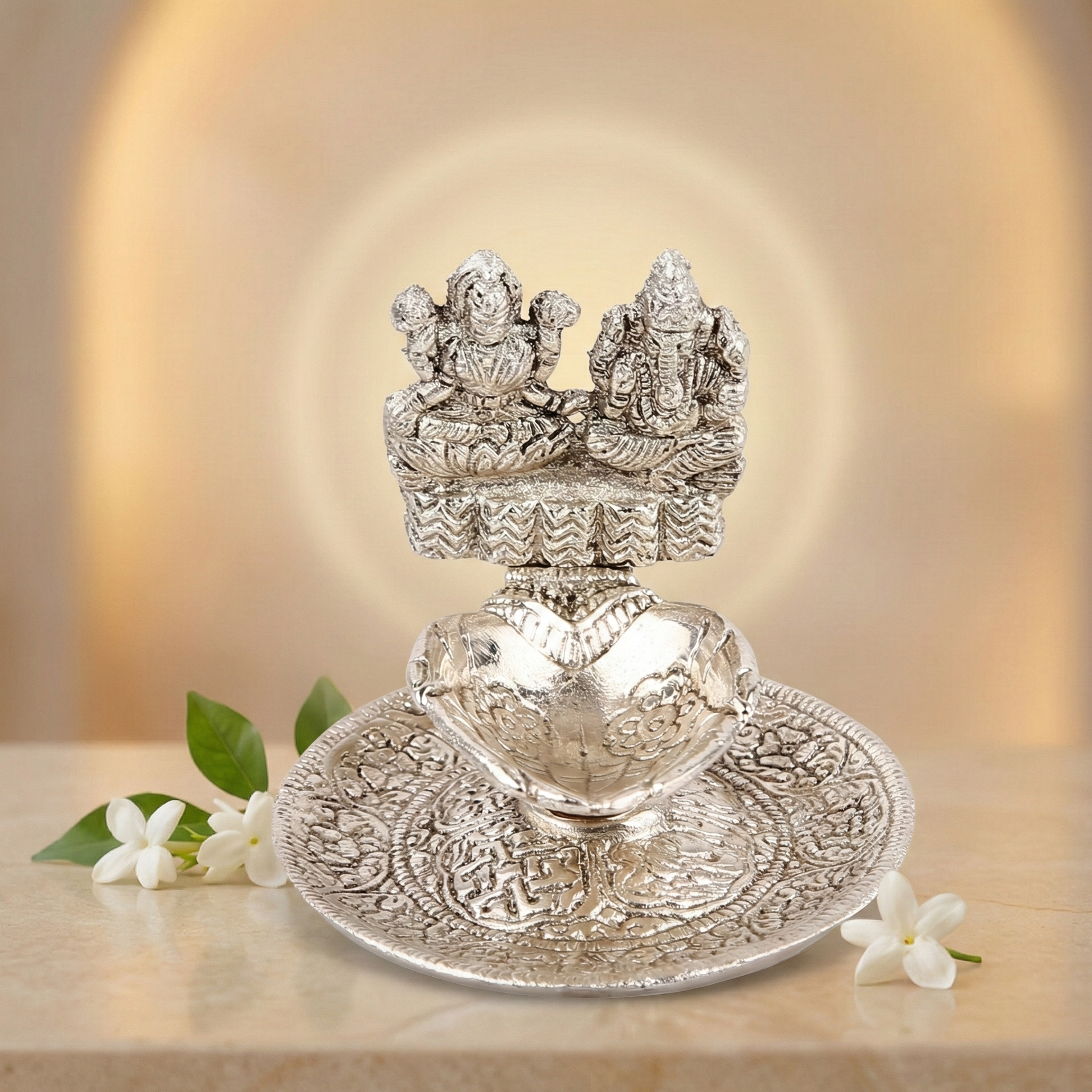 Whitemetal Ganesh Laxmi Diya