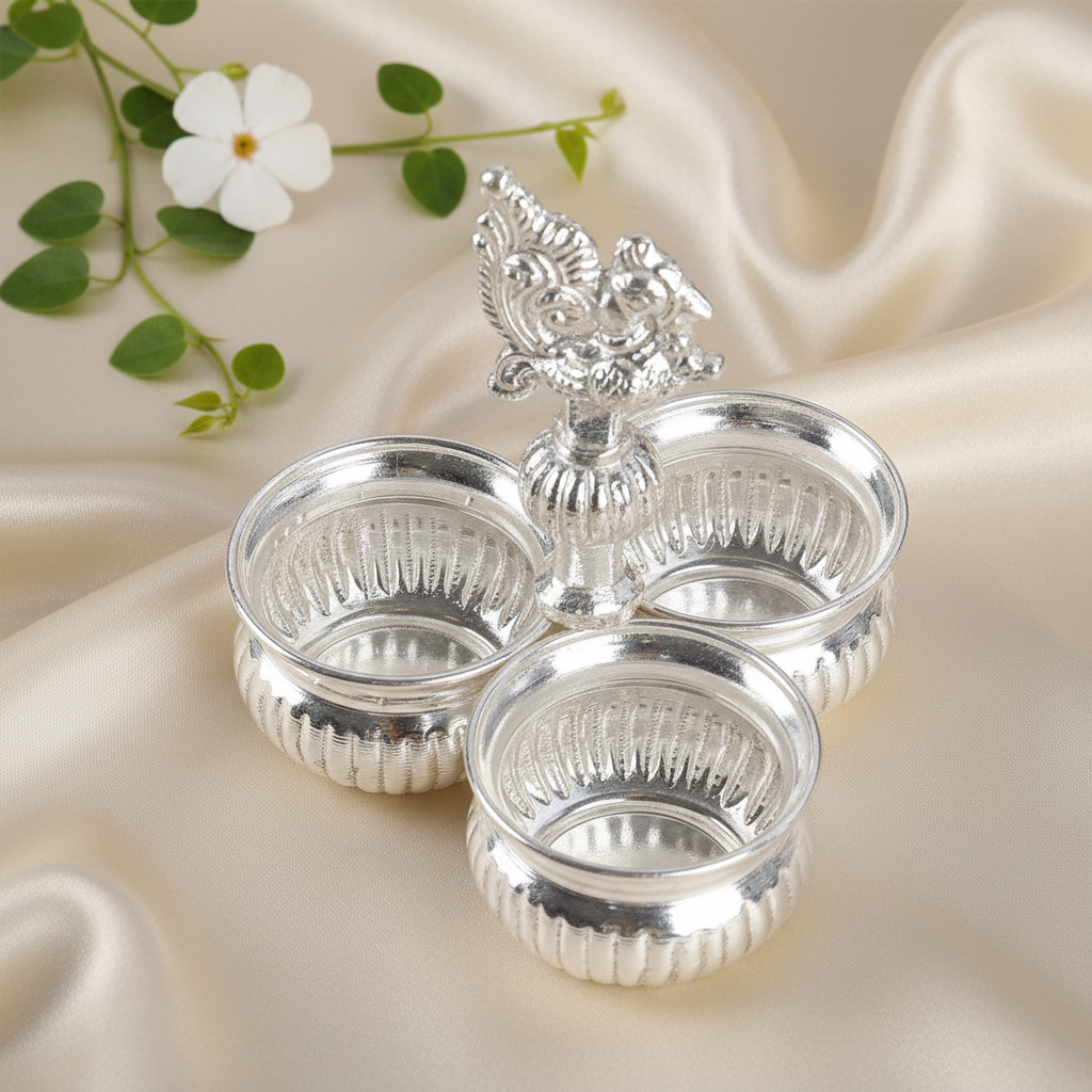 German Silver Long Peacock Kumkum Set – 3 Bowls – Nandi Gifts