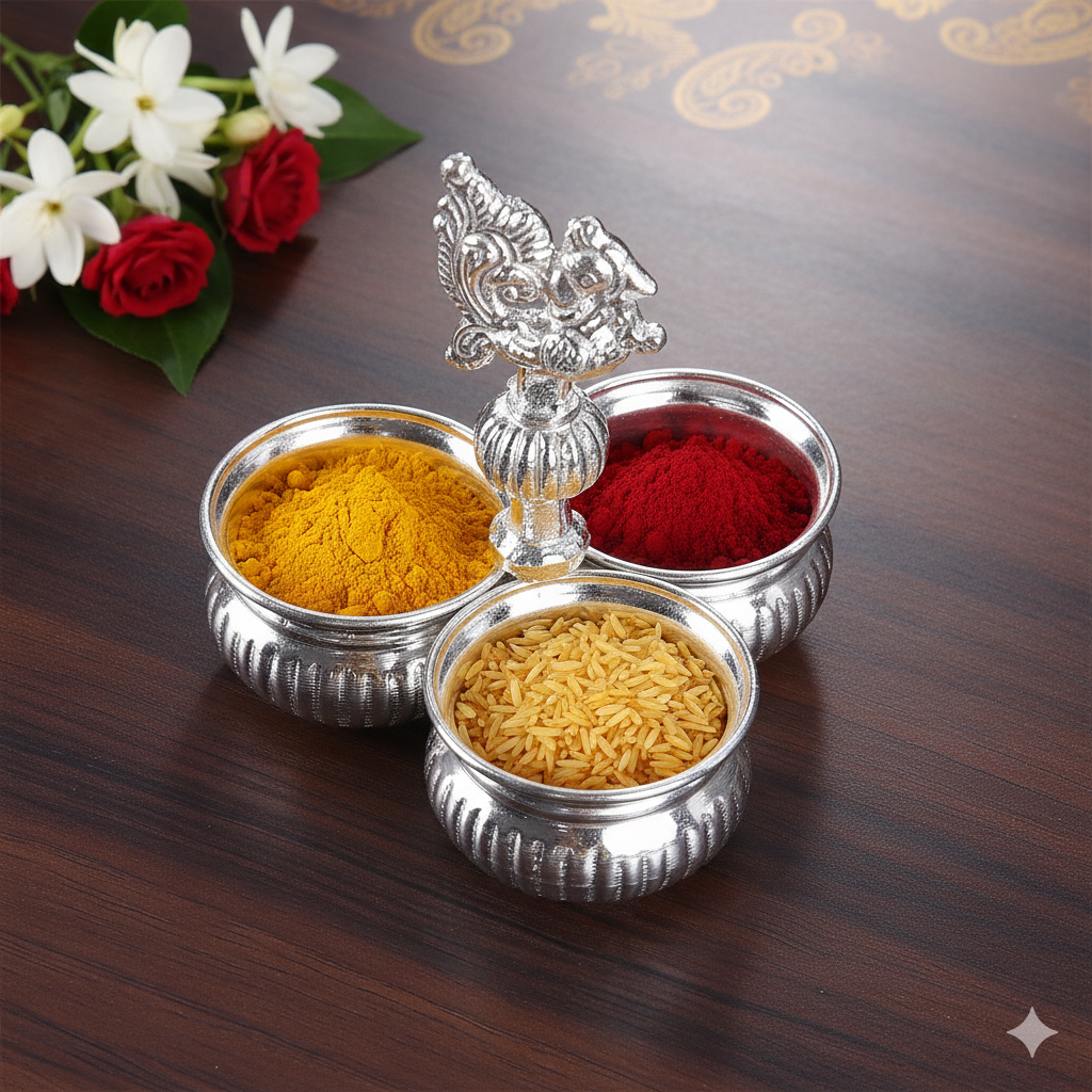 german silver peacock kumkum set 3 bowls