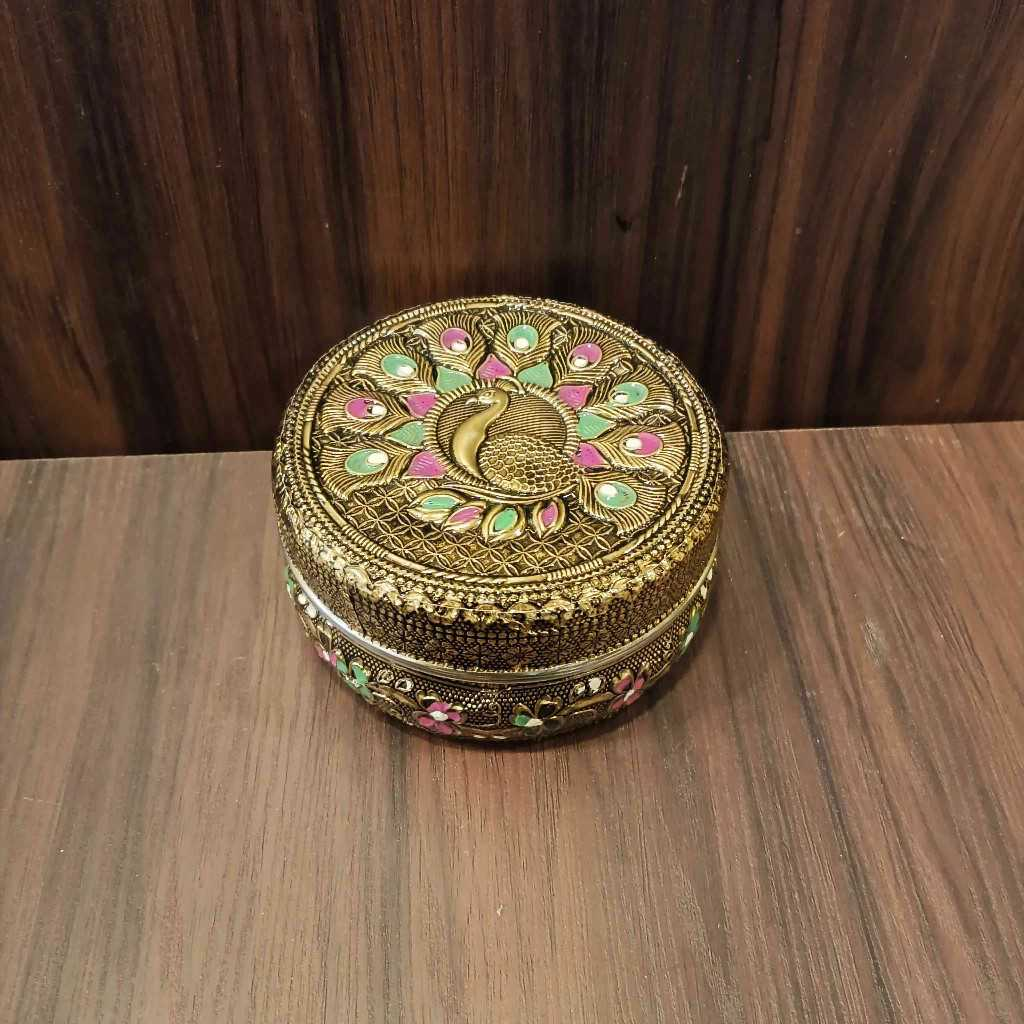 Golden Antiq Minakari Peacock Box New