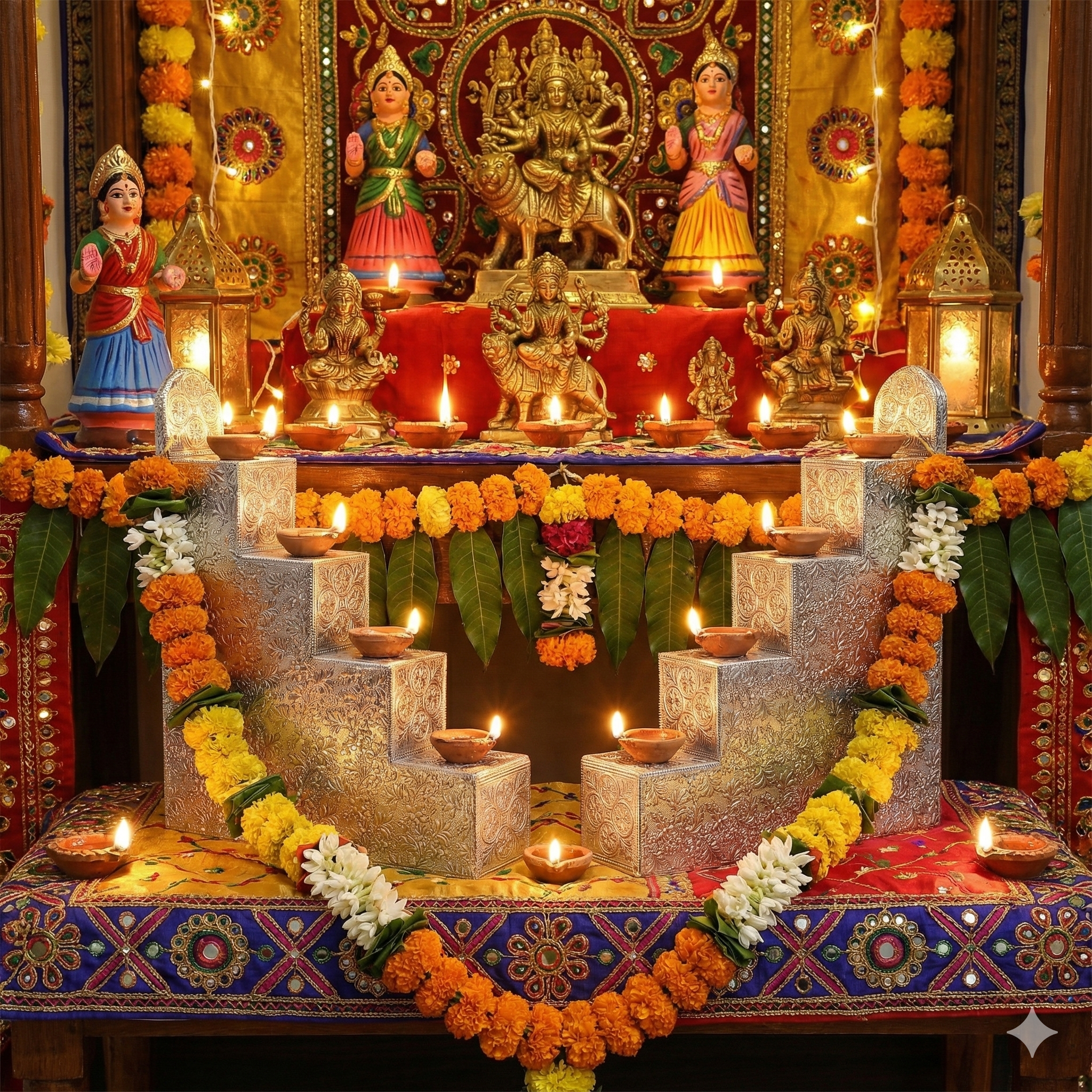 silver diya steps for navaratri