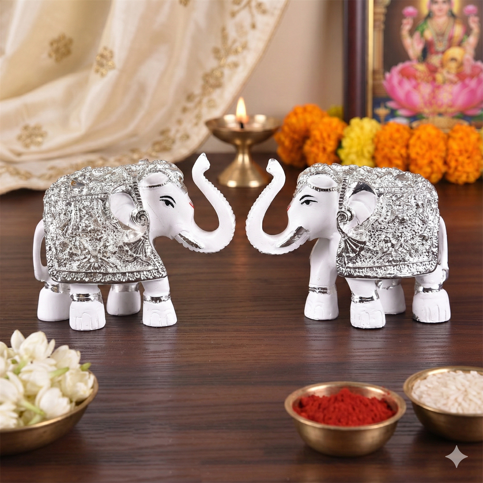 white silver plated elephants return gifts for pooja decor