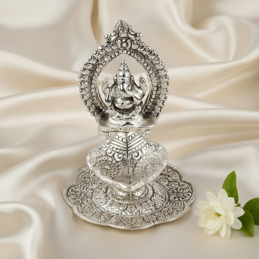 Whitemetal Ganesh Singasan Diya