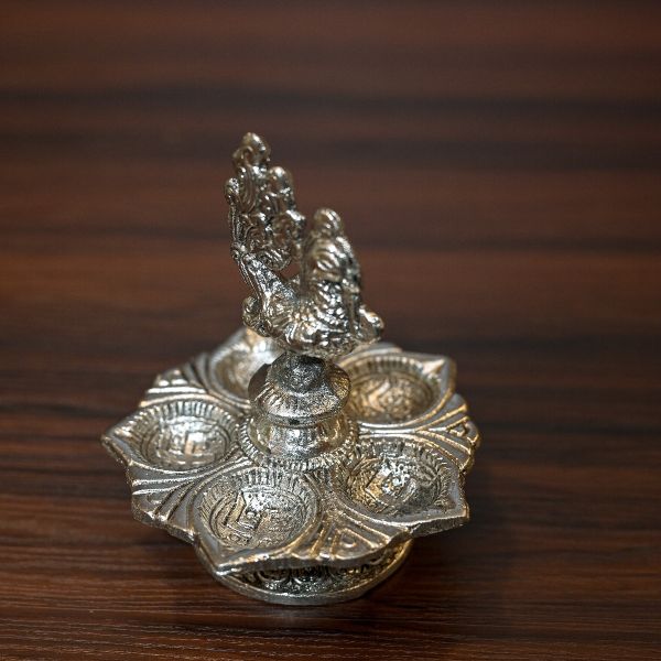 Whitemetal Peacock Diya Antique