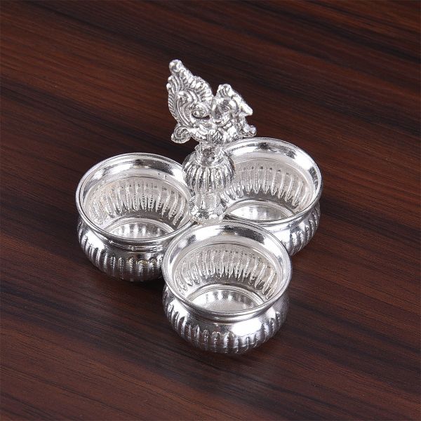 German Silver Long Peacock Kumkum set 3 Bowls