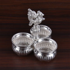 German Silver Long Peacock Kumkum set 3 Bowls