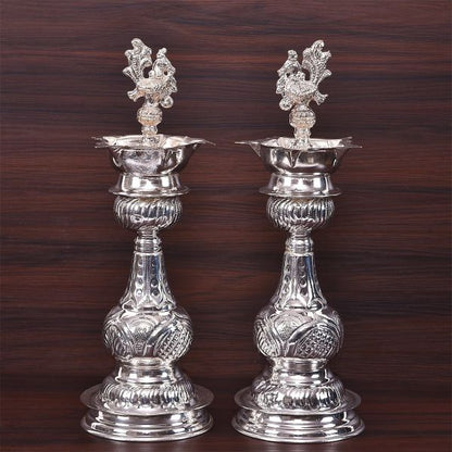 German Silver Peacock Diya 12 Inch