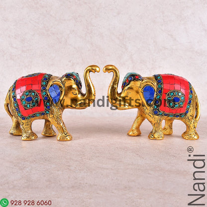 Elephant Stone Work Golden Antiq Big Pair