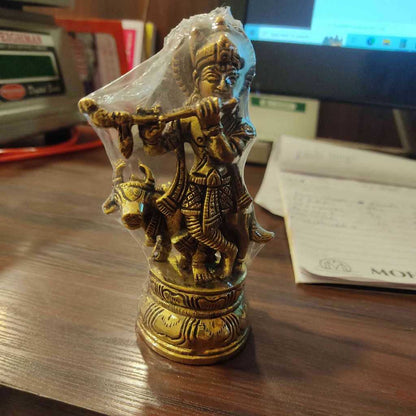Brass Cow Krishna Round Medium
