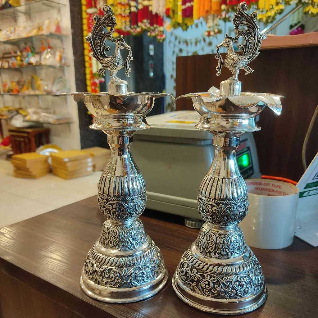 ANTIQ GS FINE CARVE PEACOCK DIYA 10.5 PAIR