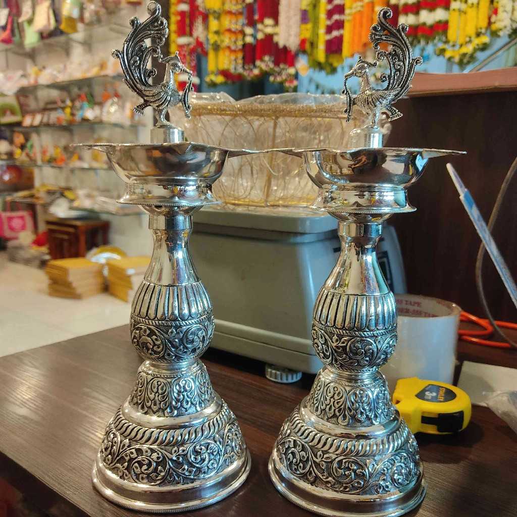 ANTIQ GS FINE CARVE PEACOCK DIYA 10.5 PAIR