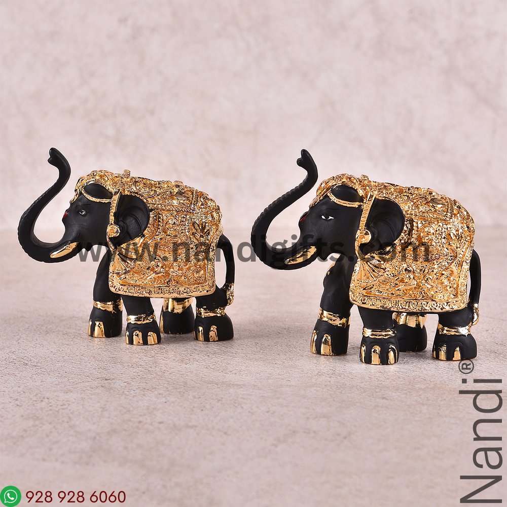 Gold Plated Elephant Black Pair 3