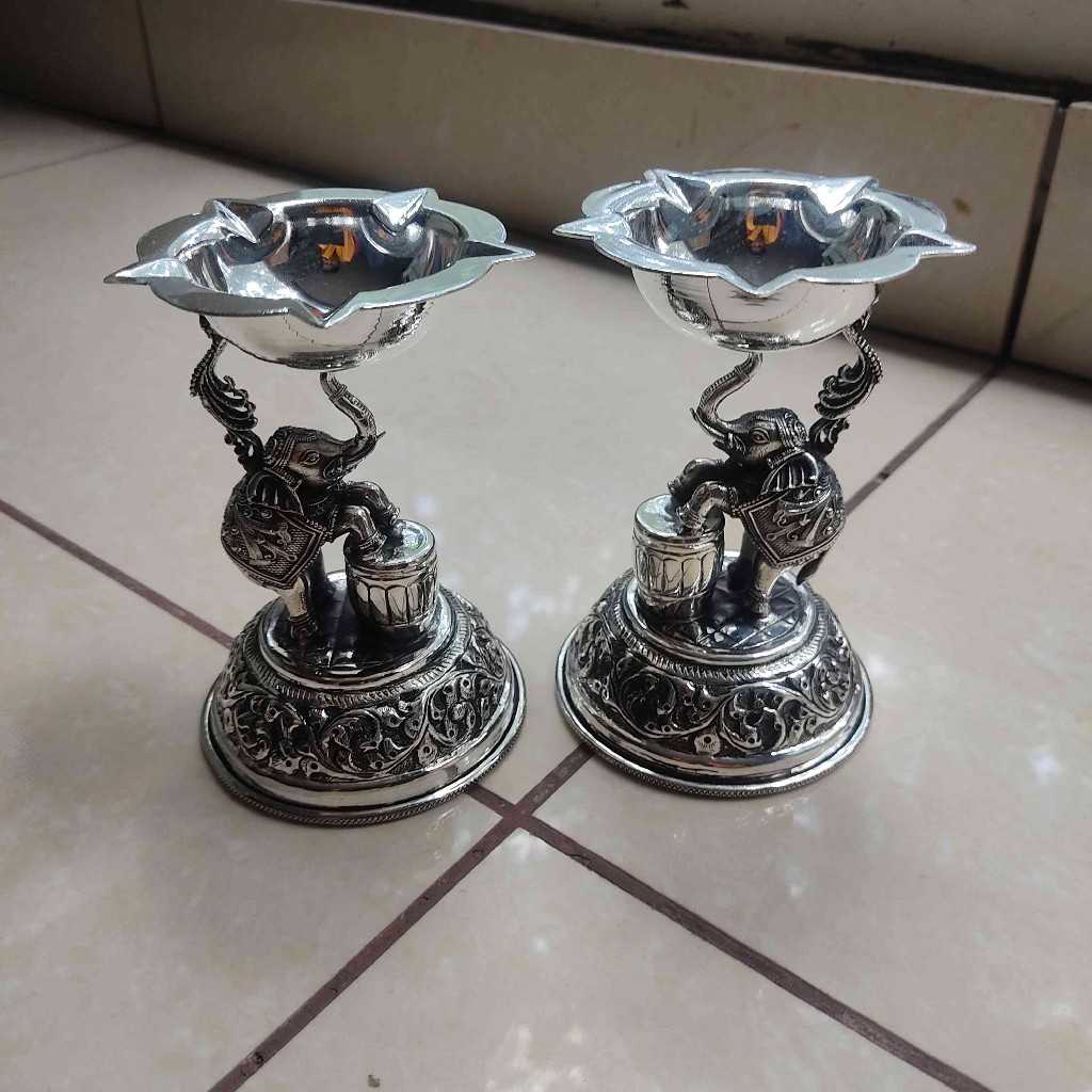 Antiq German Silver Elephant Panchamukhi Diya Pair