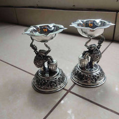 Antiq German Silver Elephant Panchamukhi Diya Pair