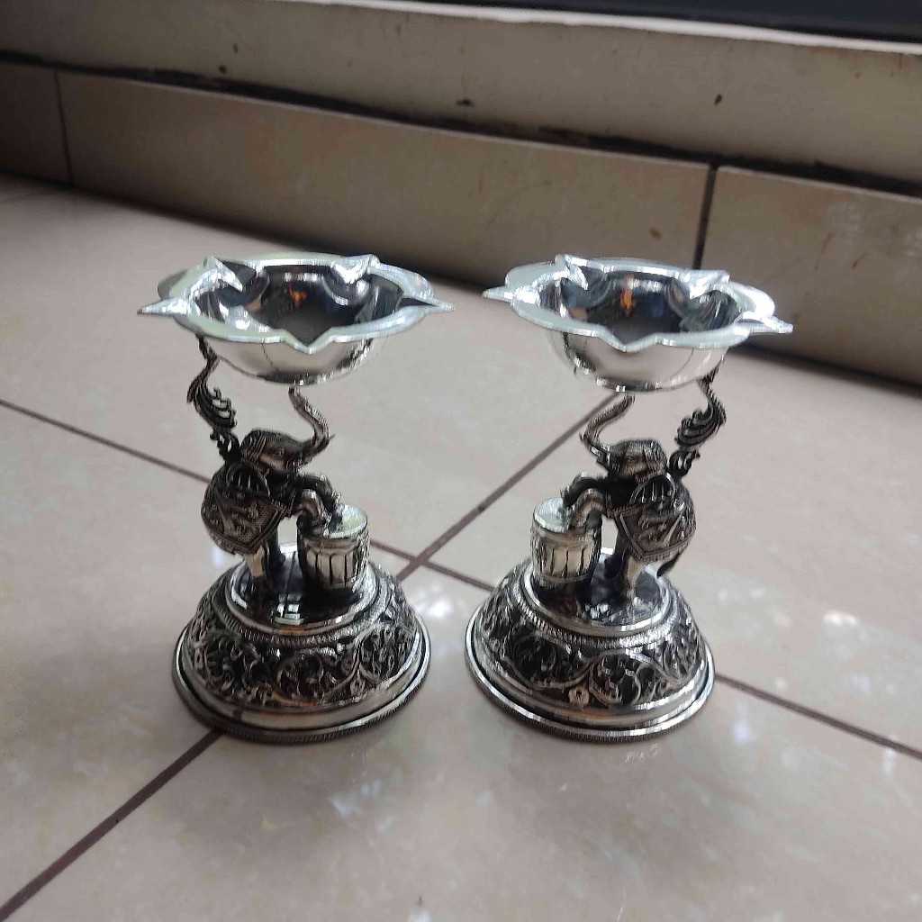 Antiq German Silver Elephant Panchamukhi Diya Pair