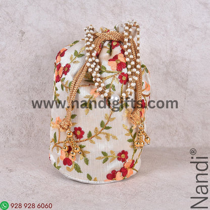 Embroidery Multi Color Floral Cream Potli Bag