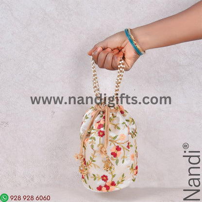 Embroidery Multi Color Floral Cream Potli Bag