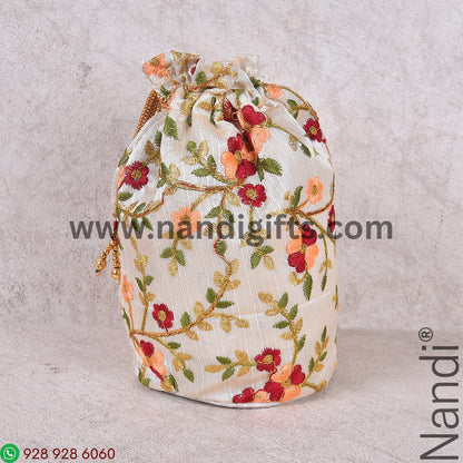 Embroidery Multi Color Floral Cream Potli Bag