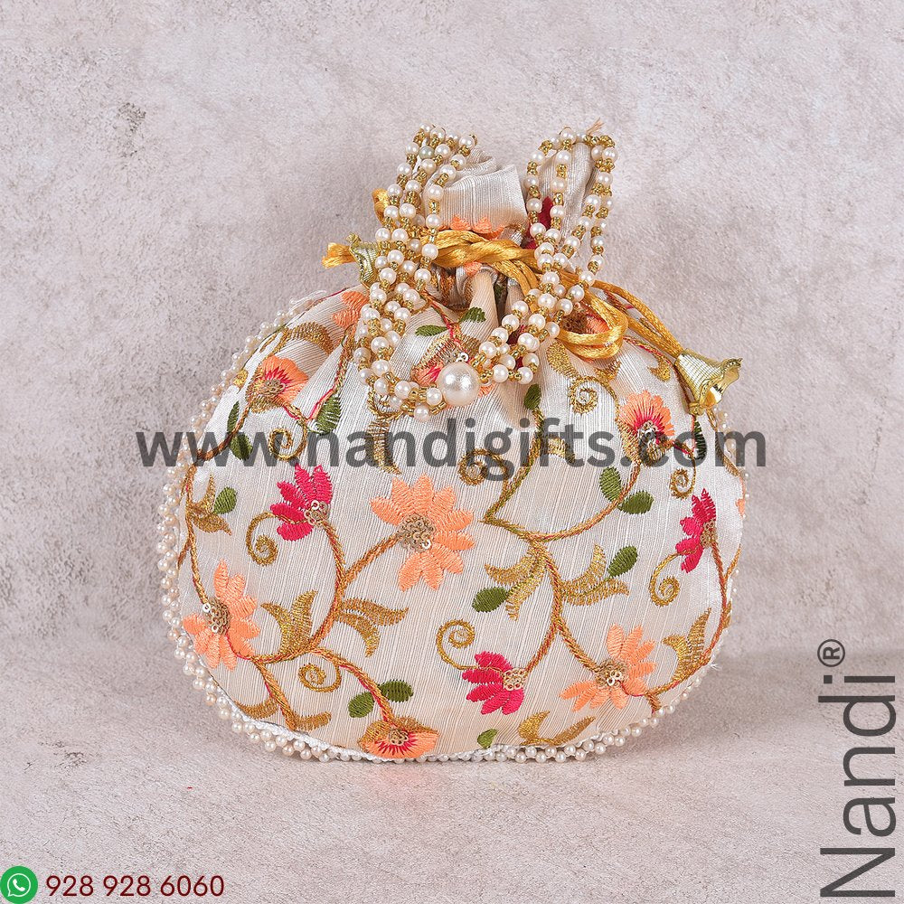 Embroidery Multi Color Floral Cream Flat Potli Bag