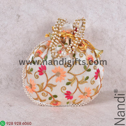 Embroidery Multi Color Floral Cream Flat Potli Bag