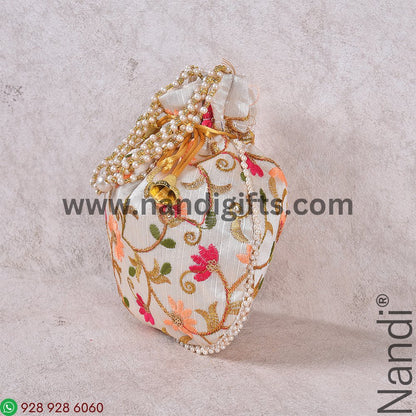 Embroidery Multi Color Floral Cream Flat Potli Bag