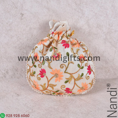 Embroidery Multi Color Floral Cream Flat Potli Bag