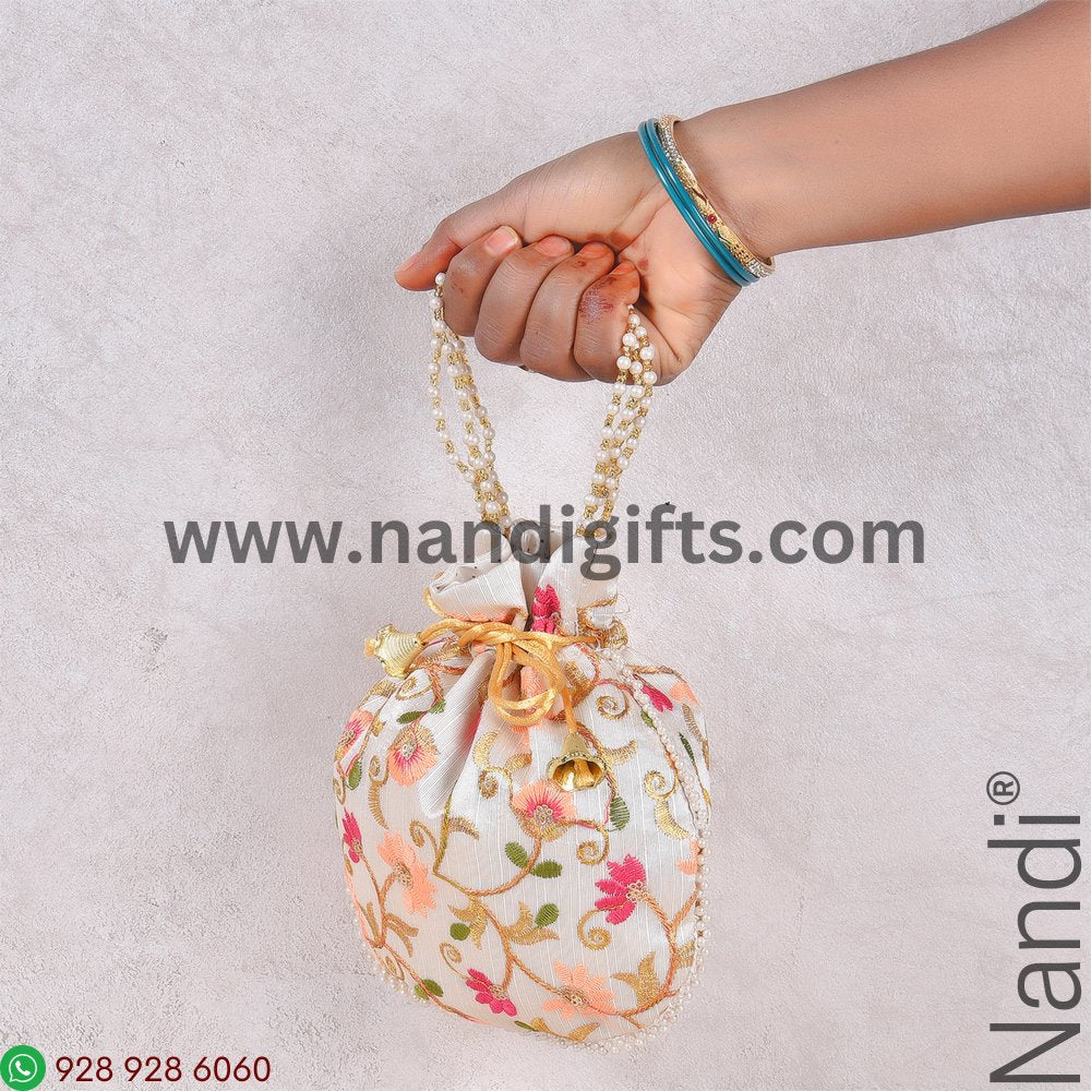 Embroidery Multi Color Floral Cream Flat Potli Bag