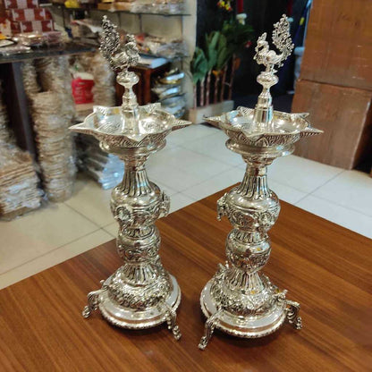 GS Antiq Peacock With Ganesh Diya Pair 14 Inch