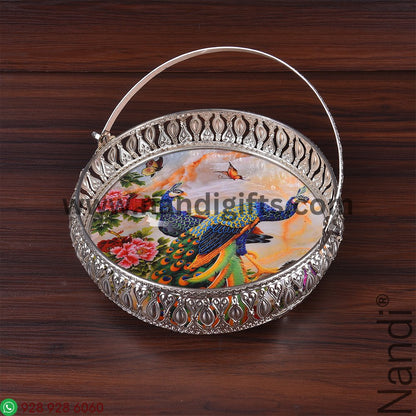 GS Pichwai Cow Plate Round With Handle Assorted 8 Inch