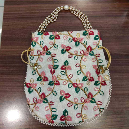 Embroidery Double Side Multi Color Floral Cream Potli Bag
