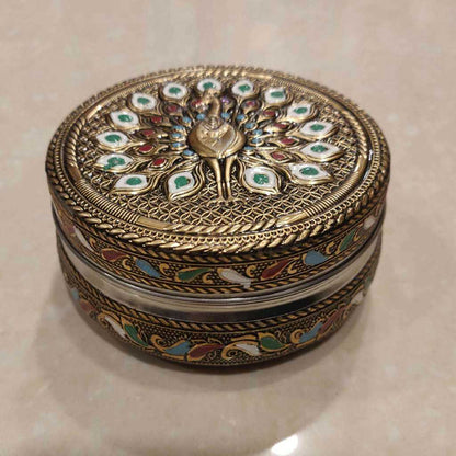 Golden Antiq Meenakari Box Peacock