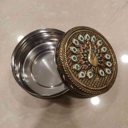 Golden Antiq Meenakari Box Peacock