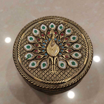 Golden Antiq Meenakari Box Peacock