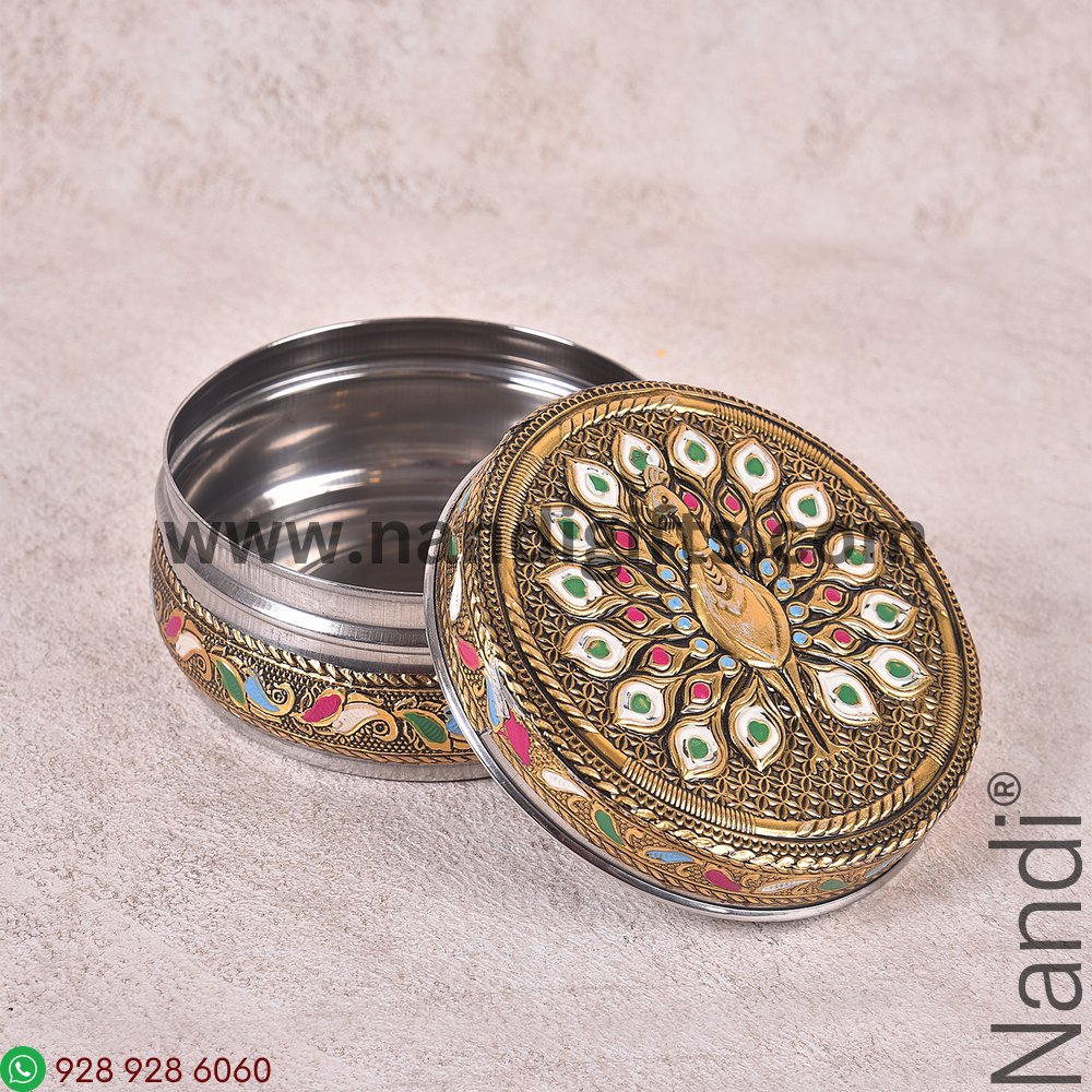 Golden Antiq Meenakari Box Peacock