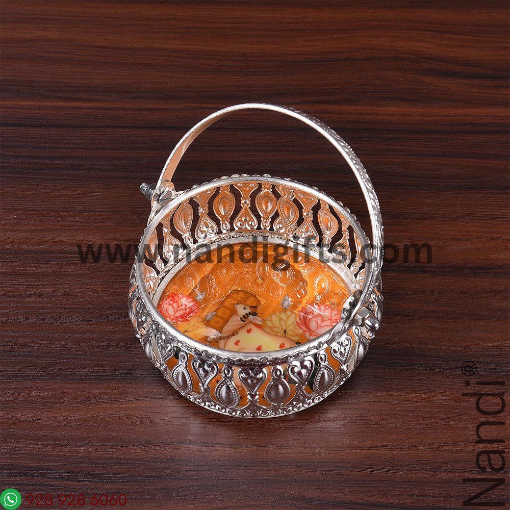 GS Pichwai Basket Round 4 Inch Assorted Prints