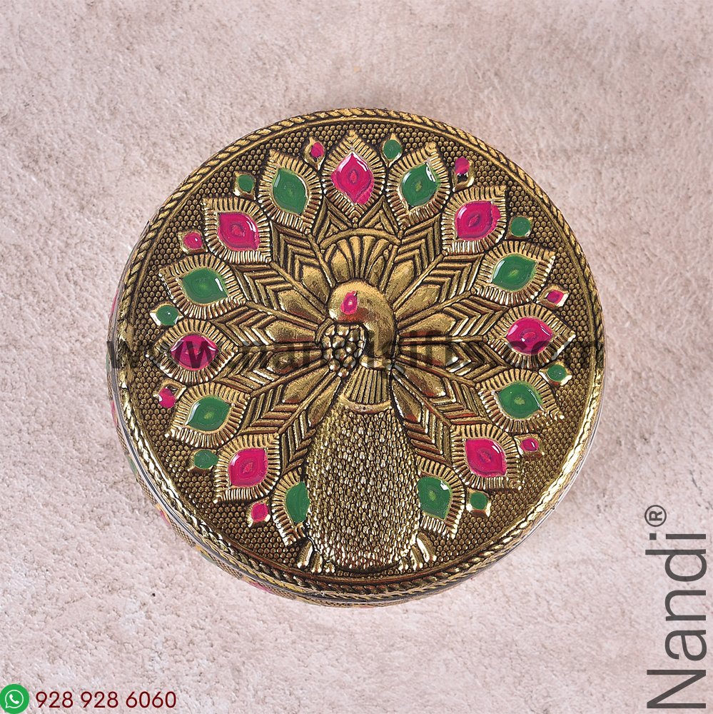 Minakari Peacock Box Red And Green Feather