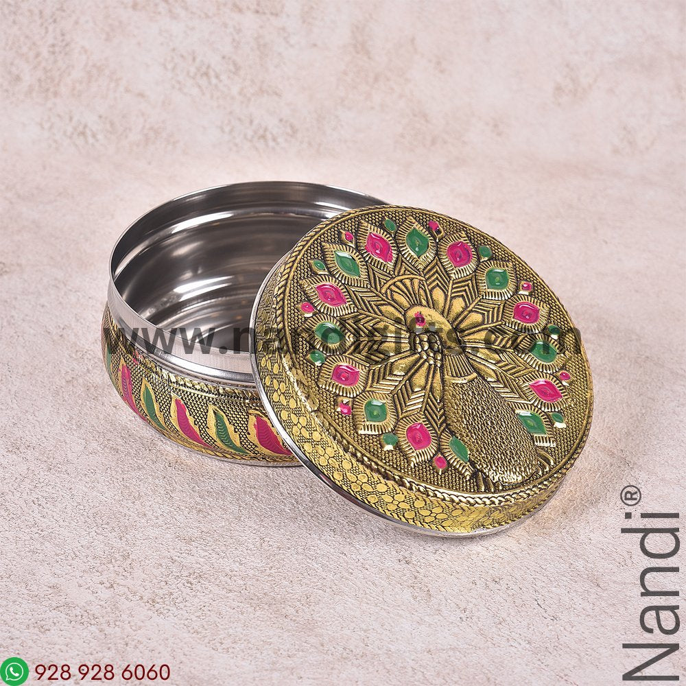 Minakari Peacock Box Red And Green Feather