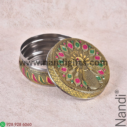 Minakari Peacock Box Red And Green Feather