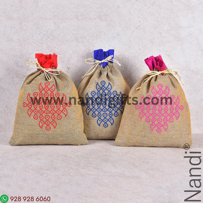 Cotton Jute Rangoli Print Potli String Bag Assorted Colours