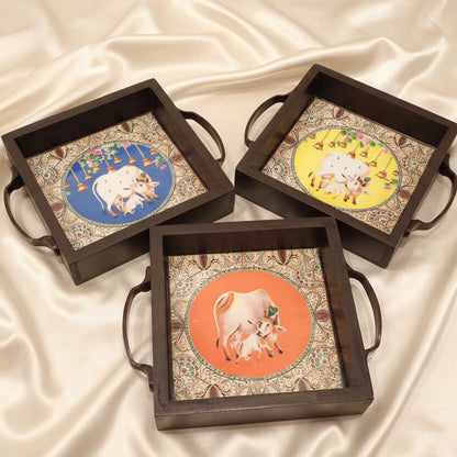 Tanjore-Pichwai Prints Wooden Trays 6x6