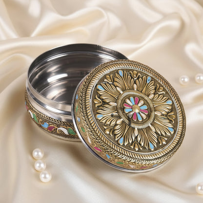 Golden Antiq Box Meenakari Rangoli