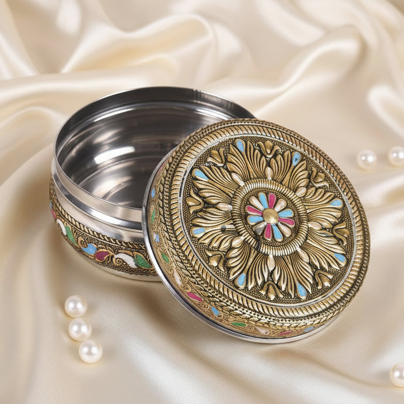 Golden Antiq Box Meenakari Rangoli