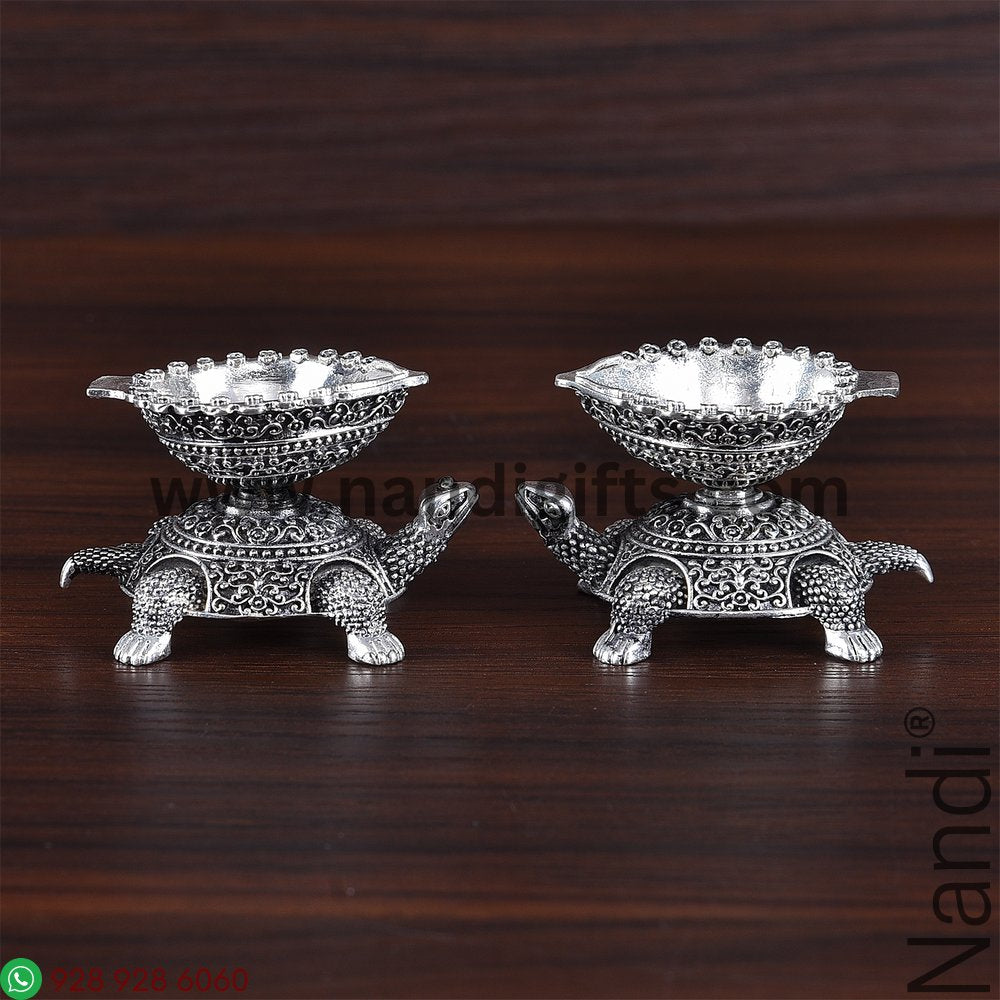 Antiq German Silver Tortoise Diya Mini Pair