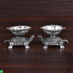 Antiq German Silver Tortoise Diya Mini Pair