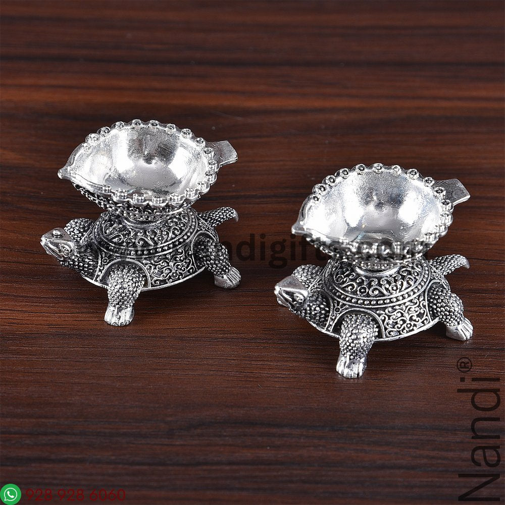 Antiq German Silver Tortoise Diya Mini Pair